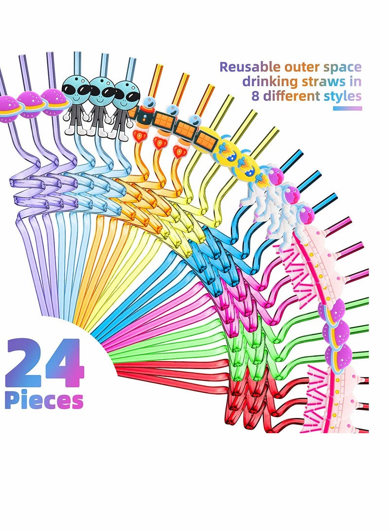 KASTWAVE Straws, Reusable Solar System Plastic Straws, Rocket Spaceship Astronaut Satellite Planet Straws, for Birthday Party Baby Shower Favors Decorations, 24 Pieces (Random Style)  - Image 2