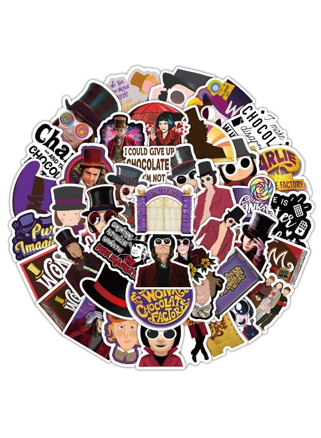 NIBEMINENT 50 Pcs Chocolate Factory Deco Kit Waterproof Stickers, High Definition Printing Bright Colors, Suitable for Laptop Skateboard Luggage Water Bottle Guitar DIY - Image 1