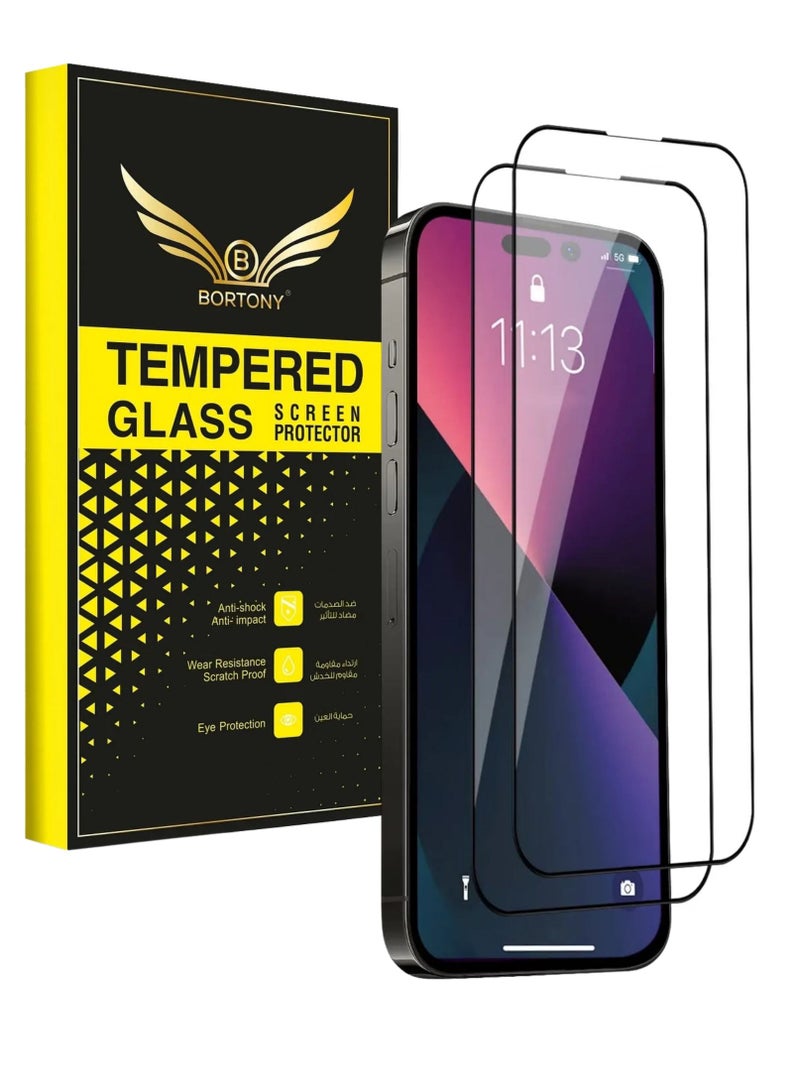 BORTONY Pack of 2 Screen Protector For 14/14 Pro [6.1 Inch] Compatible with iPhone 13/13 Pro Full Coverage 9D Tempered Glass Film For Apple iPhone 14/14 Pro Clear/Black - Image 1