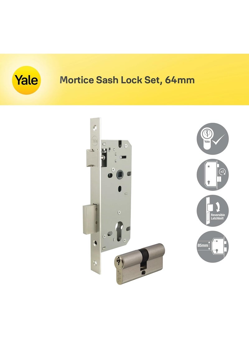 Yale Classica Series Mortice Sash Lock 85—45mm Satin Stainless Steel  64mm Double Cylinder 22-8545-S64KK-31-11  - Image 3