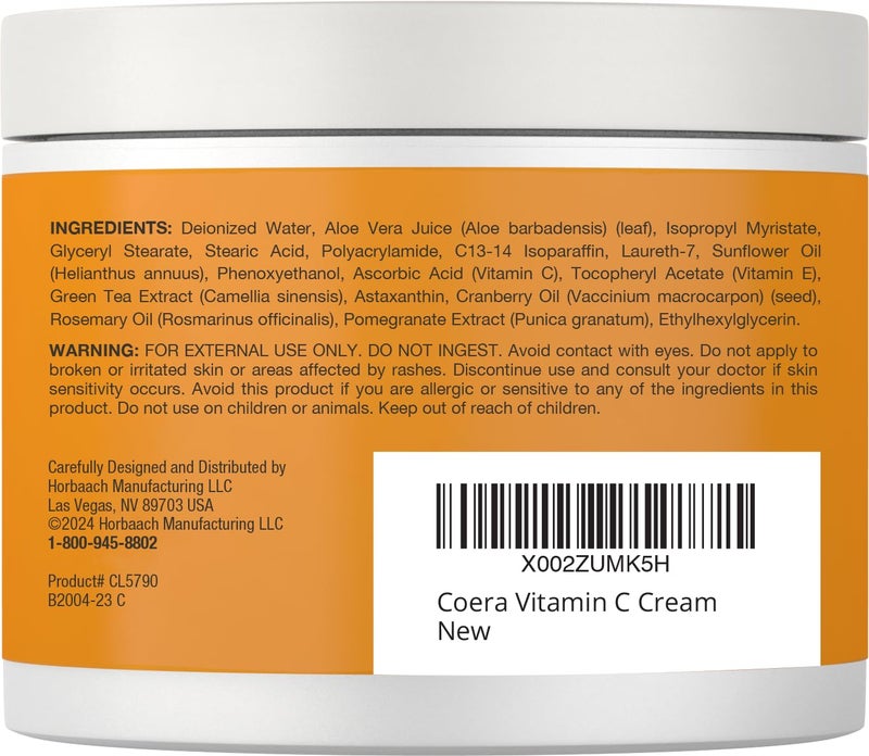 Coera Vitamin C Cream | 4oz | For Face, Dark Spots, Body, and Skin | Brightening, Hydrating, & Firming Moisturizer | Free of Parabens, SLS & Fragrances | Cruelty Free | Packaging May Vary - Image 2