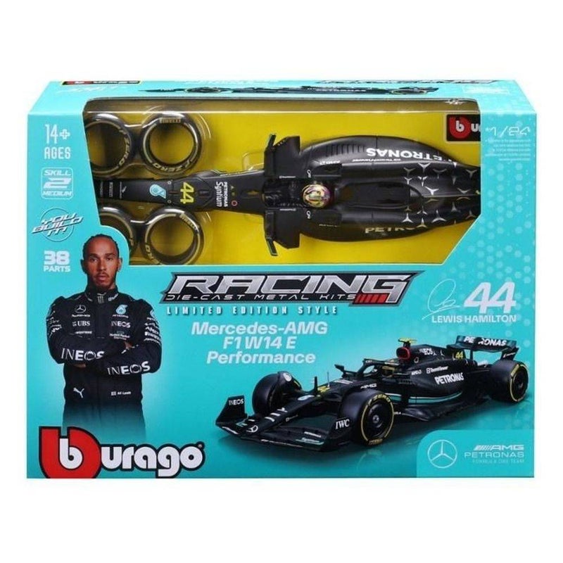 Bburago Racing F1 2023 Mercedes-AMG F1 W14 E Performance #44 Lewis Hamilton Die-cast Metal Kit with Helmet (1:24, 38 Parts, Black) - Image 1