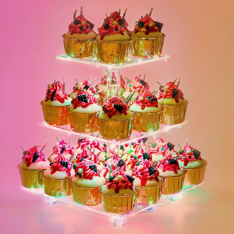 YestBuy 3 Tier Cupcake Stand  Premium Cupcake Holder  Acrylic Cupcake Tower Display  Acrylic Display for Pastry  LED Light String  Ideal for Weddings Birthday PartiesMulticolored