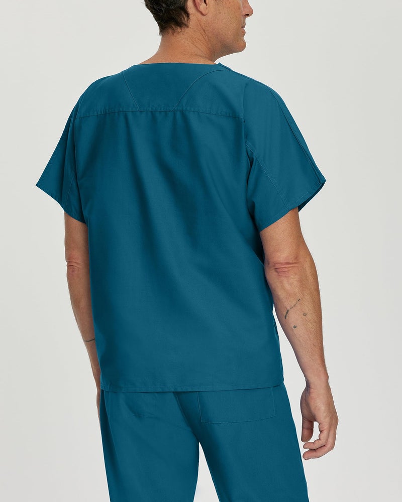 Landau Essentials Unisex Relaxed Fit 1-Pocket V-Neck Scrub Top 7502 Caribbean Blue - Image 3