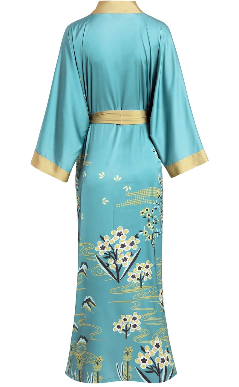 Aensso Long Soft Lightweight Silky Kimonos Robes for Women, Luxury Floral Kimono Robe- Turquoise Teal - Image 2