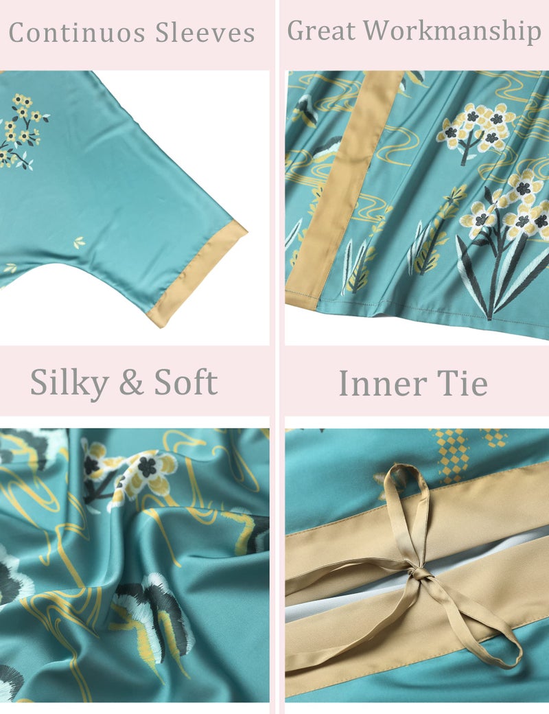 Aensso Long Soft Lightweight Silky Kimonos Robes for Women, Luxury Floral Kimono Robe- Turquoise Teal - Image 3