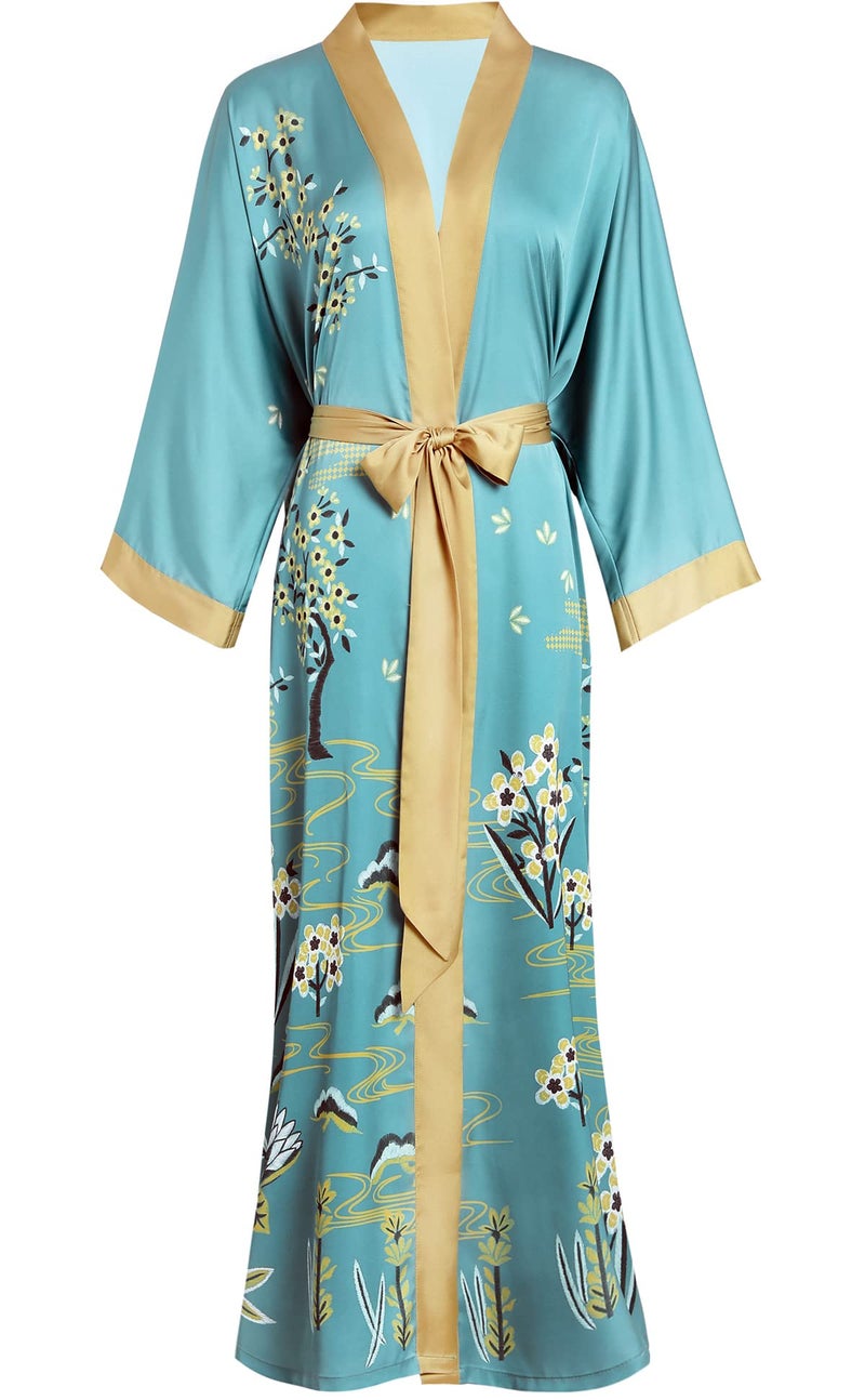 Aensso Long Soft Lightweight Silky Kimonos Robes for Women, Luxury Floral Kimono Robe- Turquoise Teal - Image 1