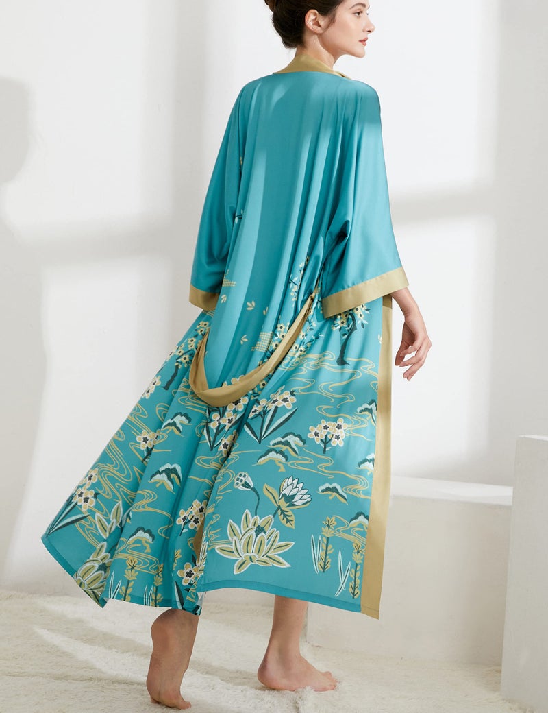 Aensso Long Soft Lightweight Silky Kimonos Robes for Women, Luxury Floral Kimono Robe- Turquoise Teal - Image 5