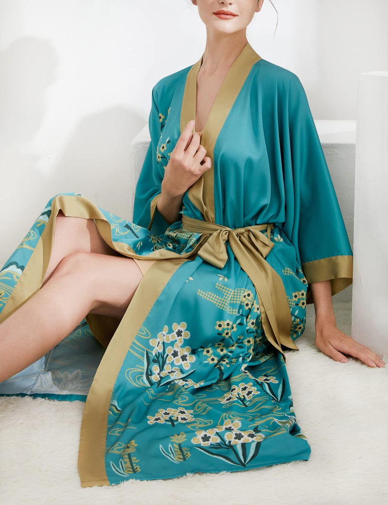 Aensso Long Soft Lightweight Silky Kimonos Robes for Women, Luxury Floral Kimono Robe- Turquoise Teal - Image 4