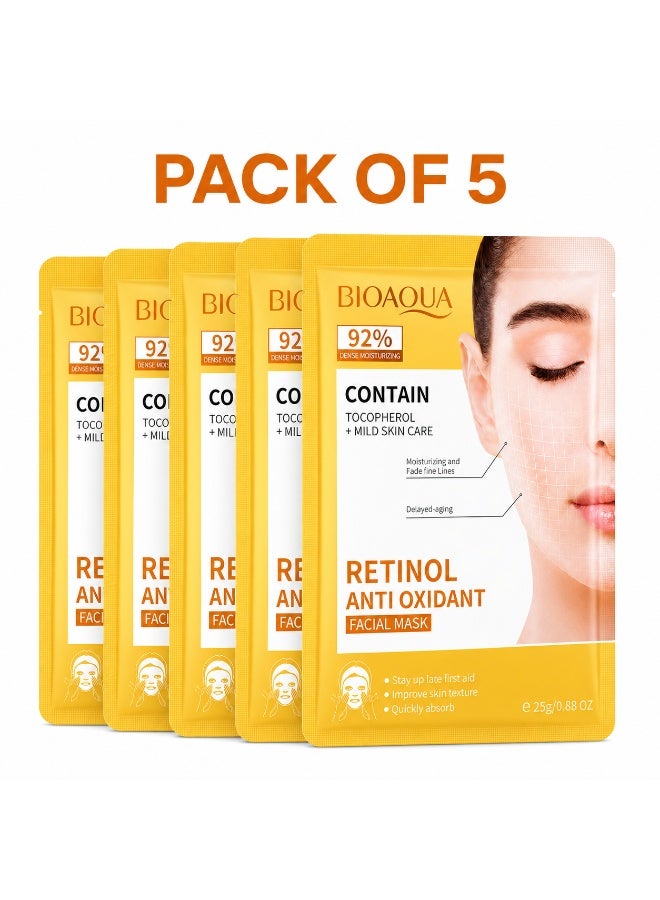 BIOAQUA Retinol Anti Oxidant Facial Sheet Mask for Fine Lines, Fatigue, Dark Dull Skin, Tocopherol Antioxidant Repair | Brightening Formula | Daily Skincare All Skin Types | Pack of 5 | 25g Each - Image 1