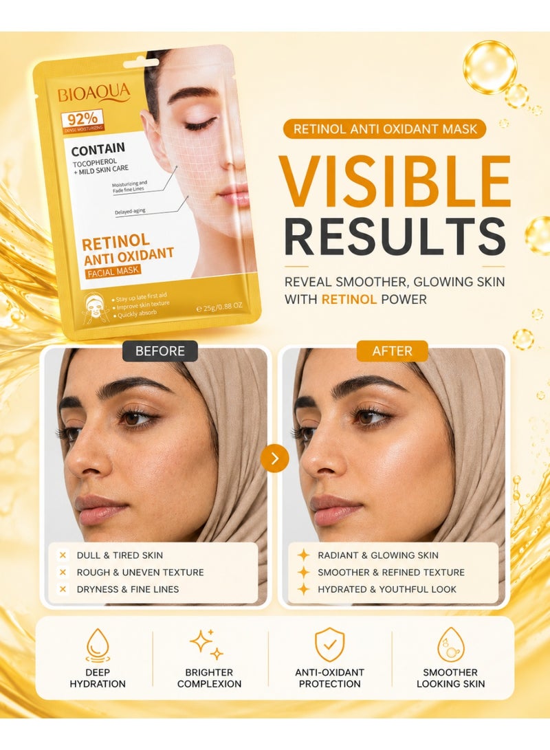 BIOAQUA Retinol Anti Oxidant Facial Sheet Mask for Fine Lines, Fatigue, Dark Dull Skin, Tocopherol Antioxidant Repair | Brightening Formula | Daily Skincare All Skin Types | Pack of 5 | 25g Each - Image 3