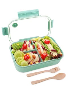 Excefore Bento Lunch Boxes, 3 Compartment Bento Box with Fork and Spoon, Leak Proof Bento Box Microwave Safe, Wheat Straw Bento Lunch Containers BPA Free, Bento Box for Kids Adults (Green)  - Image 1