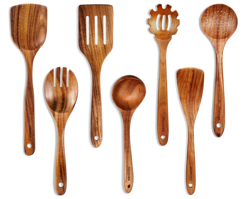 Mooues Wooden Spoons for Cooking 7 Pcs Wooden Utensils for Cooking Natural Teak Wooden Kitchen Utensils Set