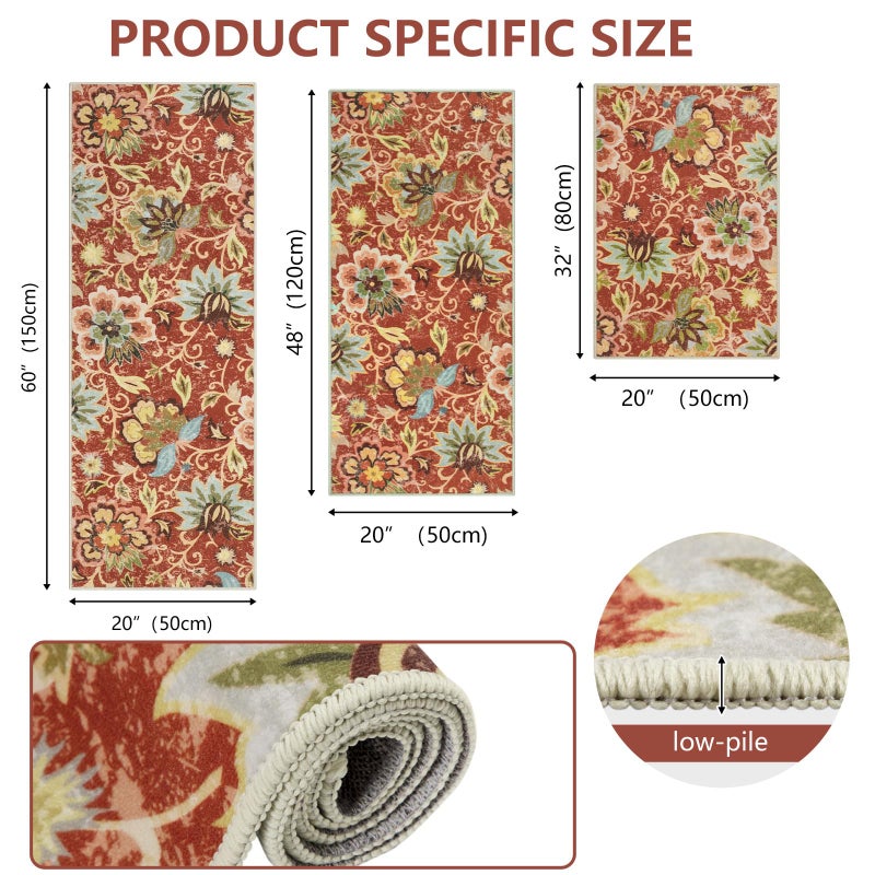 Homcomoda Boho 3 Piece Rug Set with Runner - Non Slip Red Floral Carpet Runner for Kitchen  Laundry  Hallway - Image 1