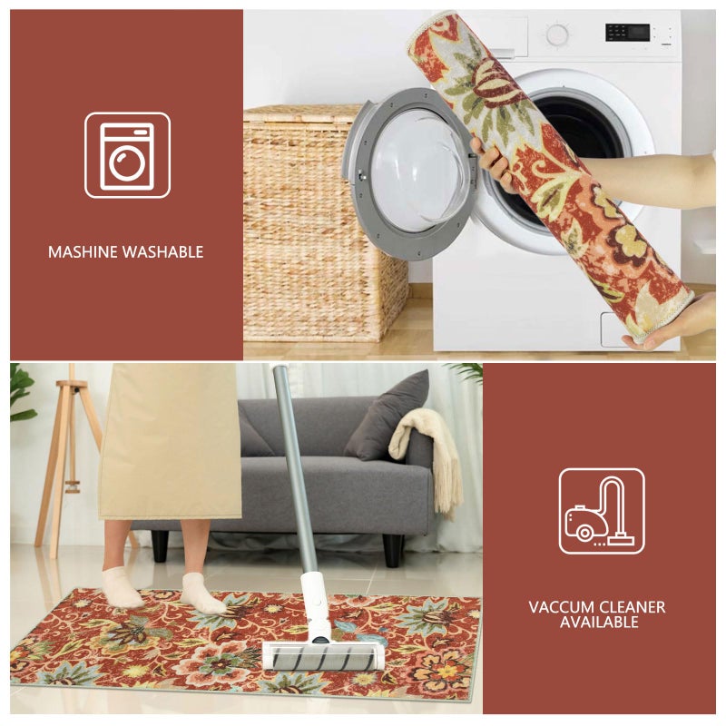 Homcomoda Boho 3 Piece Rug Set with Runner - Non Slip Red Floral Carpet Runner for Kitchen  Laundry  Hallway - Image 3