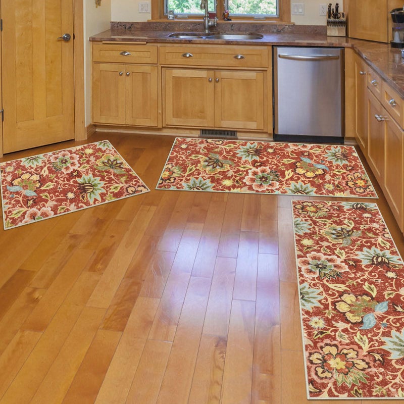Homcomoda Boho 3 Piece Rug Set with Runner - Non Slip Red Floral Carpet Runner for Kitchen  Laundry  Hallway - Image 4