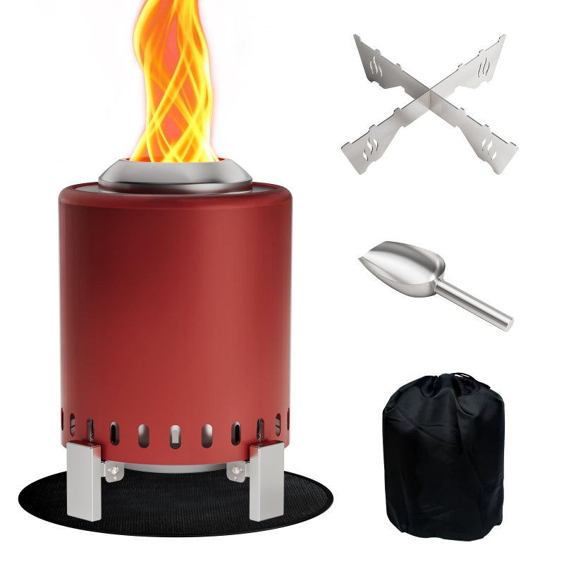 BreezZ Mini Smokeless Tabletop Fire Pit with Pan Stand, Portable Stainless Steel Firepit Stove for Camping, Burns Pellets or Wood, Includes Travel Bag, Red - Image 1