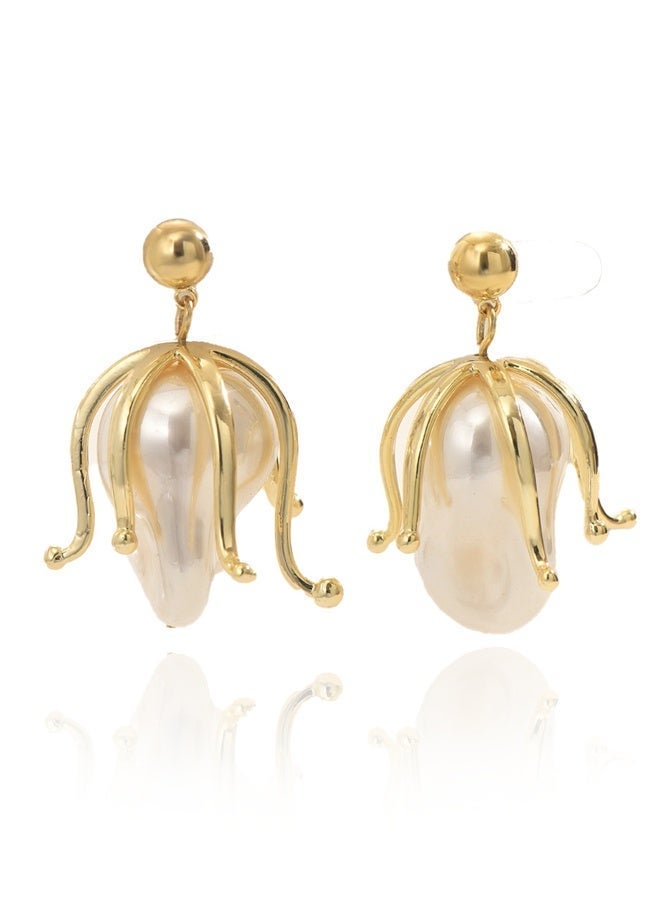 DAEVO Baroque Pearl Drop Earrings for Women - Vintage Flower Bud Dangle Earrings, Gold Liquid Metal Floral Statement Stud Jewelry for Wedding Birthday Gift - Image 2