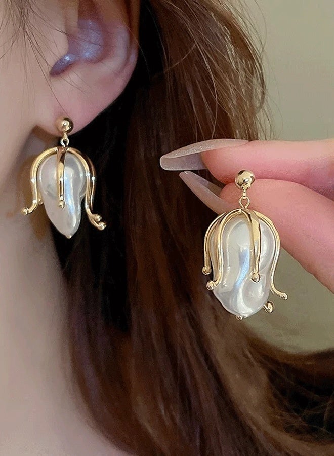 DAEVO Baroque Pearl Drop Earrings for Women - Vintage Flower Bud Dangle Earrings, Gold Liquid Metal Floral Statement Stud Jewelry for Wedding Birthday Gift - Image 1