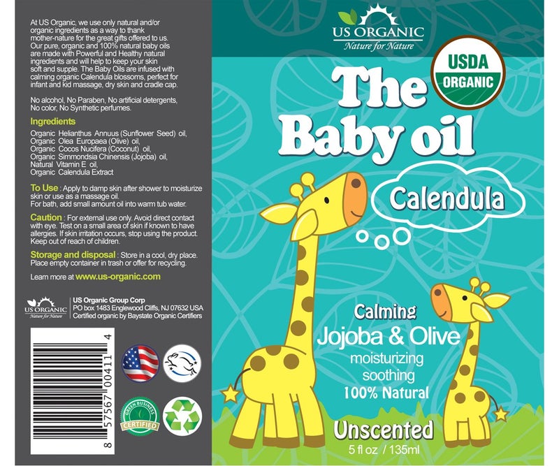 US Organic زيت أطفال عضوي أمريكي مع زيت الكالندولا والجرانولا وزيت الزيتون مع فيتامين E معتمد من وزارة الزراعة الأمريكية عضوي بدون كحول أو بارابين أو مواد تنظيف صناعية أو عطور صناعية 5 أونصات سائلة خالٍ من الرائحة - Image 2