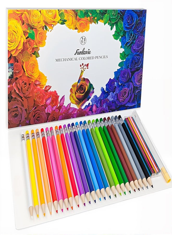 FUNLAVIE 24 Mechanical Colored Pencils with 24 Lead Refills, 48 Pcs Total, 2.6mm Oil-Based Soft Core Drawing Pencils for Adult Coloring Books, Vivid Brilliant Color for Art & Sketching, with Sharpener - Image 1