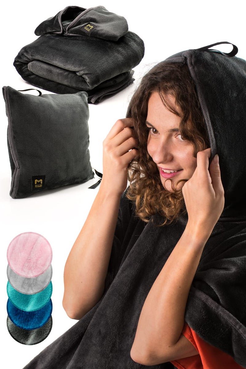 MasterManner MasterManner Travel Blanket Airplane Compact with Hoodie  2in1 Airplane Travel Accessories from Plane Blanket to Travel Pillow with Luggage Strap Soft Handle  Secure Pocket