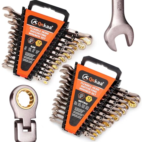 Qnkaa Flexible Ratcheting Wrench Set 24pcs Metric 8-19mm & SAE 1/4” to 7/8“ Inch Flex-Head Spanner Gear Ring Ratchet Combination Wrenches Kit with Portable Organizer - Image 1