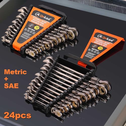 Qnkaa Flexible Ratcheting Wrench Set 24pcs Metric 8-19mm & SAE 1/4” to 7/8“ Inch Flex-Head Spanner Gear Ring Ratchet Combination Wrenches Kit with Portable Organizer - Image 2