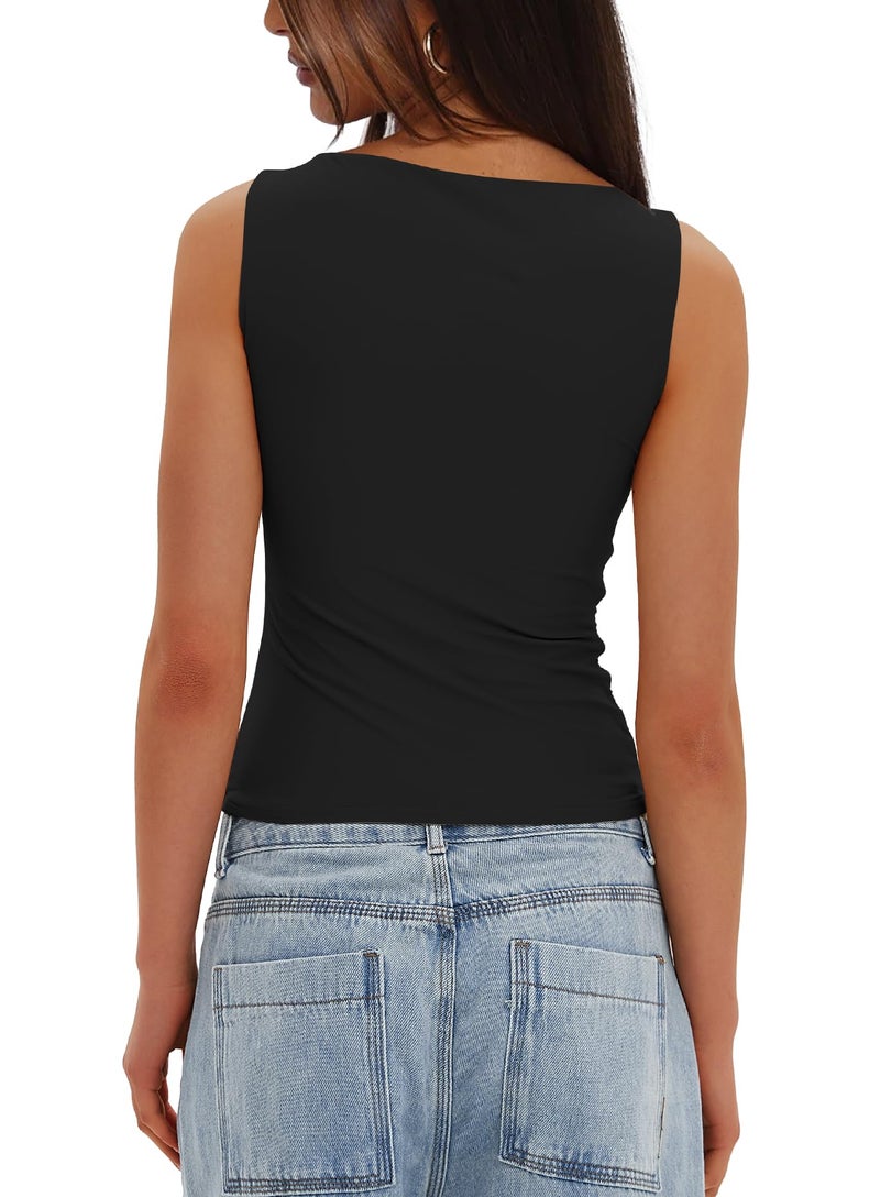 Darong Women's Boat Neck Tank Top Sleeveless Double Lined Basic Tops Going Out Casual Tank Shirts 9081 Black M - Image 2