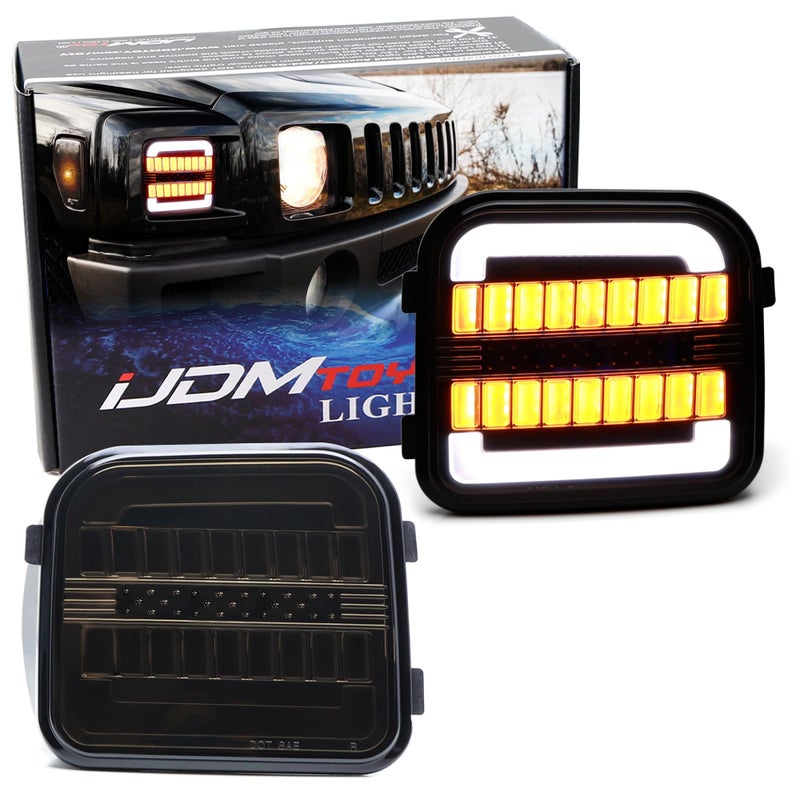 iJDMTOY Blackout Smoked Lens White LED Halo Driving LightAmber Sequential Blink LED Front Turn Signal Light Assembly Compatible with 20062010 Hummer H3H3T