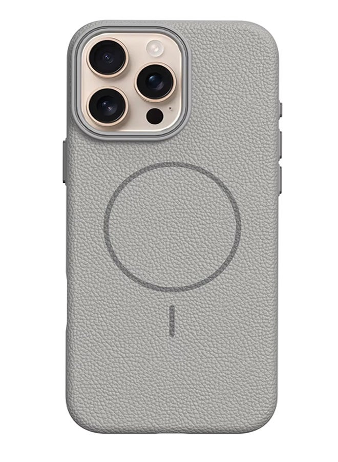 Magsafe Phone Case For iPhone 16 Pro With High Quality Rubber Frame And Slim Lychee Pattern Leather Case with Camera Lens Protection Shockproof Cover And support wireless Charging Leather Cover for iPhone 16 Pro - Grey - Image 4