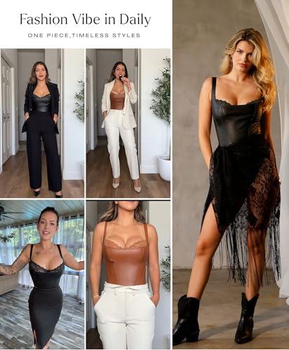 Popilush Shapewear Bodysuit for Women Tummy Control Lace Corset Tank Tops Faux Leather Thong Body Suits - Image 2