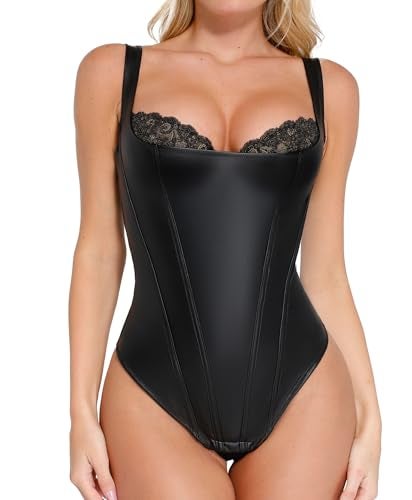 Popilush Shapewear Bodysuit for Women Tummy Control Lace Corset Tank Tops Faux Leather Thong Body Suits - Image 1