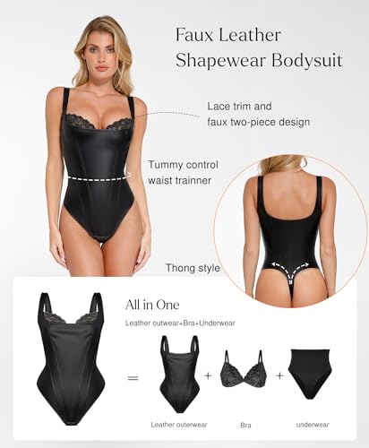 Popilush Shapewear Bodysuit for Women Tummy Control Lace Corset Tank Tops Faux Leather Thong Body Suits - Image 4