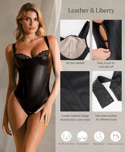 Popilush Shapewear Bodysuit for Women Tummy Control Lace Corset Tank Tops Faux Leather Thong Body Suits - Image 3