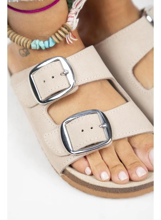 Manijero  Irene Genuine Leather Double Buckle Silver Buckle Beige Slippers - Silver for Women | Best Price UAE