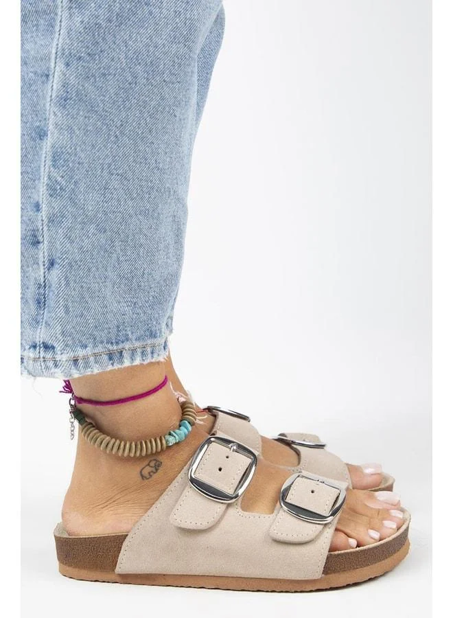 Irene Genuine Leather Double Buckle Silver Buckle Beige Slippers - Silver