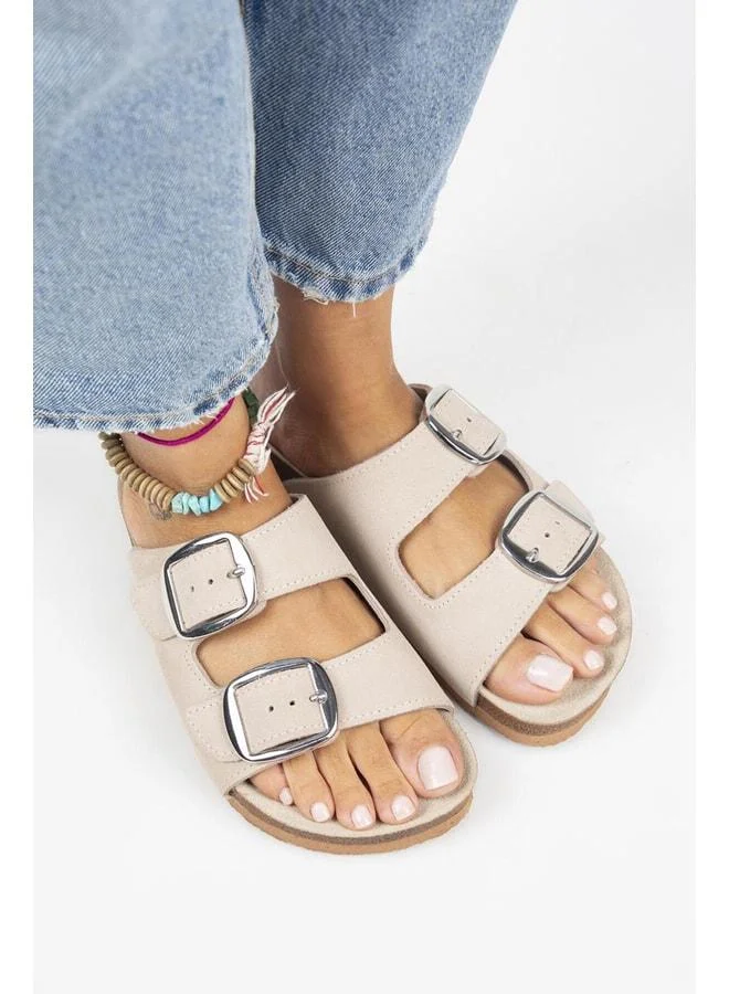 Manijero  Irene Genuine Leather Double Buckle Silver Buckle Beige Slippers - Silver for Women | Best Price UAE