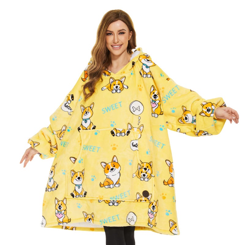 THREE POODLE THREE POODLE Wearable Blanket Hoodie for Women Oversized Sherpa Sweatshirt Blanket for Adults Men Warm Cozy Corgi Hooded Blanket Gifts for Mom Girlfriend Sister