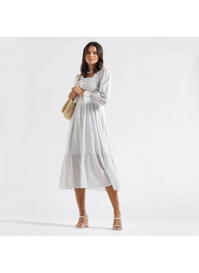 FAV Panelled A-line Dress with Square Neck and Bell Sleeves