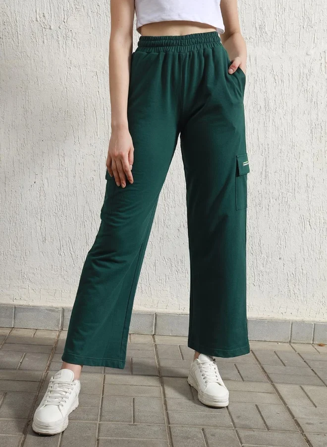 هوبرهولمي Women's Forest Green Cotton Blend Printed Full Length Cargo Regular Fit Trouser
