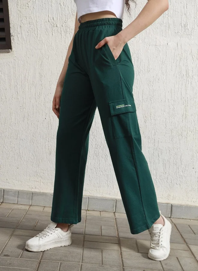 هوبرهولمي Women's Forest Green Cotton Blend Printed Full Length Cargo Regular Fit Trouser