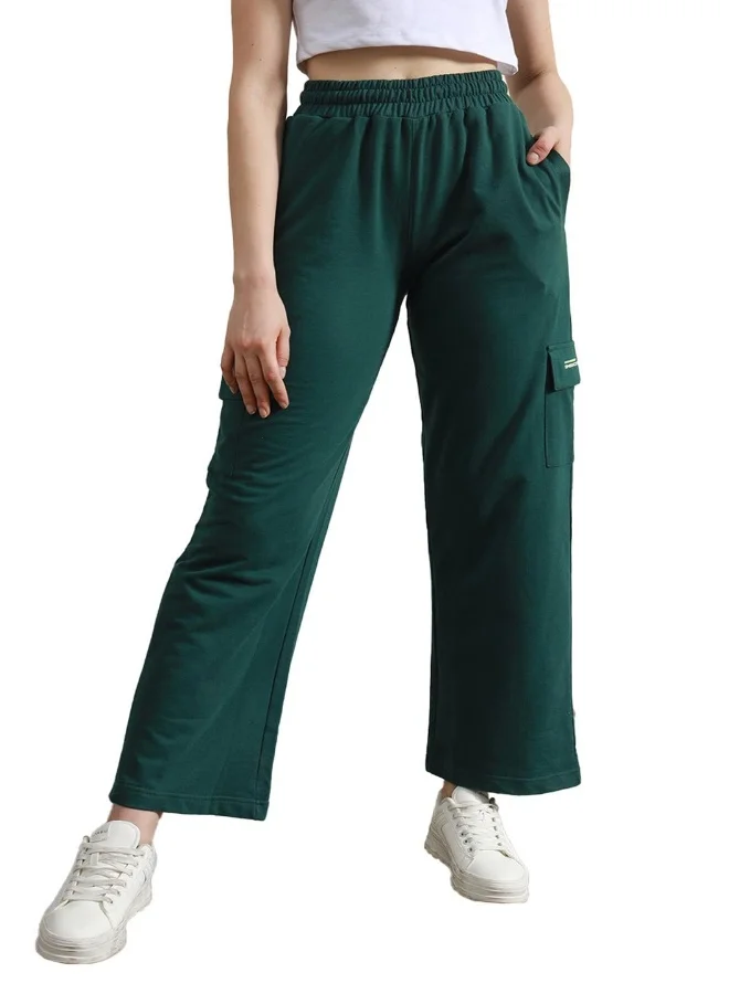 هوبرهولمي Women's Forest Green Cotton Blend Printed Full Length Cargo Regular Fit Trouser