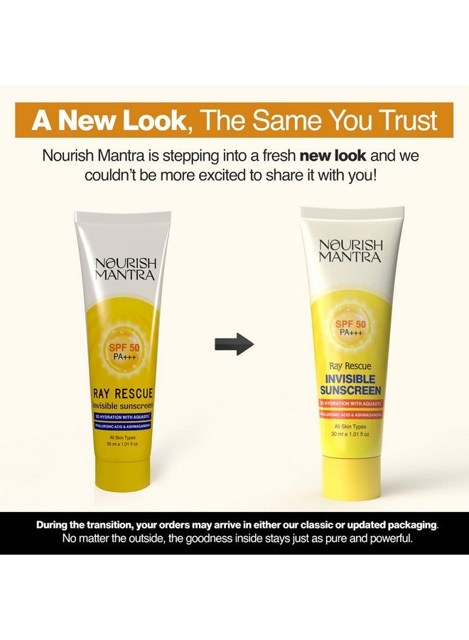 NOURISH MANTRA Ray Rescue Sunscreen/Sunscreen Spf 50 For All Skin Types/Formulated With Hyaluronic Acid,Aquaxyl,Aloe Vera&Ashwagandha Extracts/No White Cast/For Both Men&Women/30Ml,1 Count - Image 2