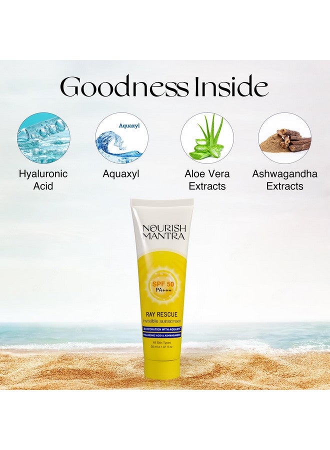 NOURISH MANTRA Ray Rescue Sunscreen/Sunscreen Spf 50 For All Skin Types/Formulated With Hyaluronic Acid,Aquaxyl,Aloe Vera&Ashwagandha Extracts/No White Cast/For Both Men&Women/30Ml,1 Count - Image 4