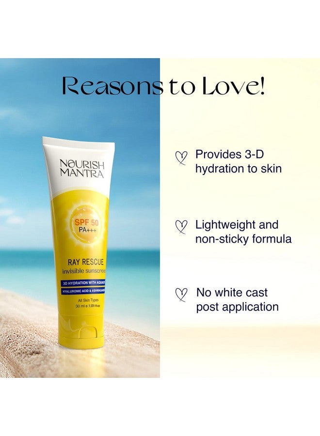 NOURISH MANTRA Ray Rescue Sunscreen/Sunscreen Spf 50 For All Skin Types/Formulated With Hyaluronic Acid,Aquaxyl,Aloe Vera&Ashwagandha Extracts/No White Cast/For Both Men&Women/30Ml,1 Count - Image 3
