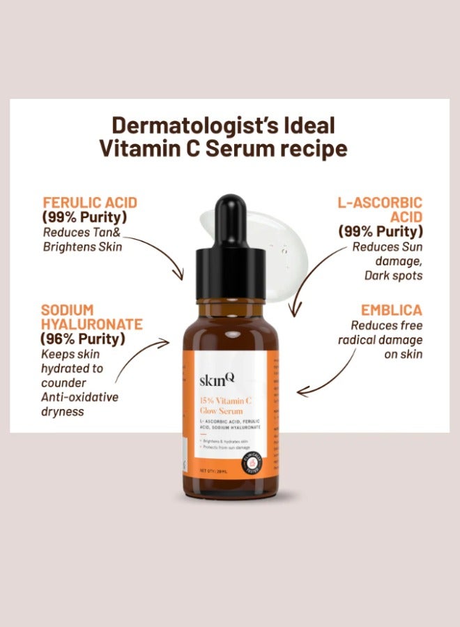 SkinQ 15% Vitamin C Glow Serum for Radiant Skin – Brightens Face & Neck | L-Ascorbic Acid + Ferulic Acid + Hyaluronic Boost | 20ml - Registered dealer in UAE - Image 3