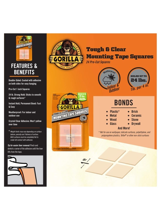 Gorilla Tough & Clear Double Sided Mounting Tape Squares, 24 1" Pre-Cut Clear, (Pack Of 1) - 6067201 - Image 4