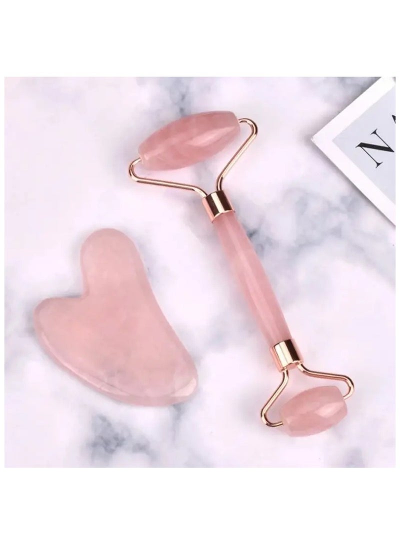 Loquat Luxury Pink Facial Massage Set - Roller And Gua Sha Board To Enhance Beauty And Facial Massage, For Skincare, Eyes, Neck, And Physical Relaxation. - Image 1