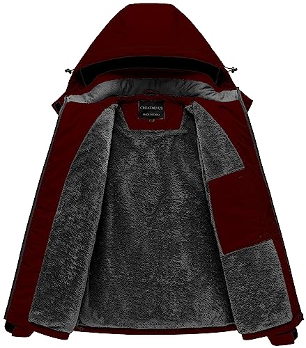 CREATMO US Womens Coats Winter Plus Size Snow Jacket Women's Waterproof Ski Hooded Coat Mountain Snowboarding Jackets Insulated Fleece Parka Wine Red S - Image 2